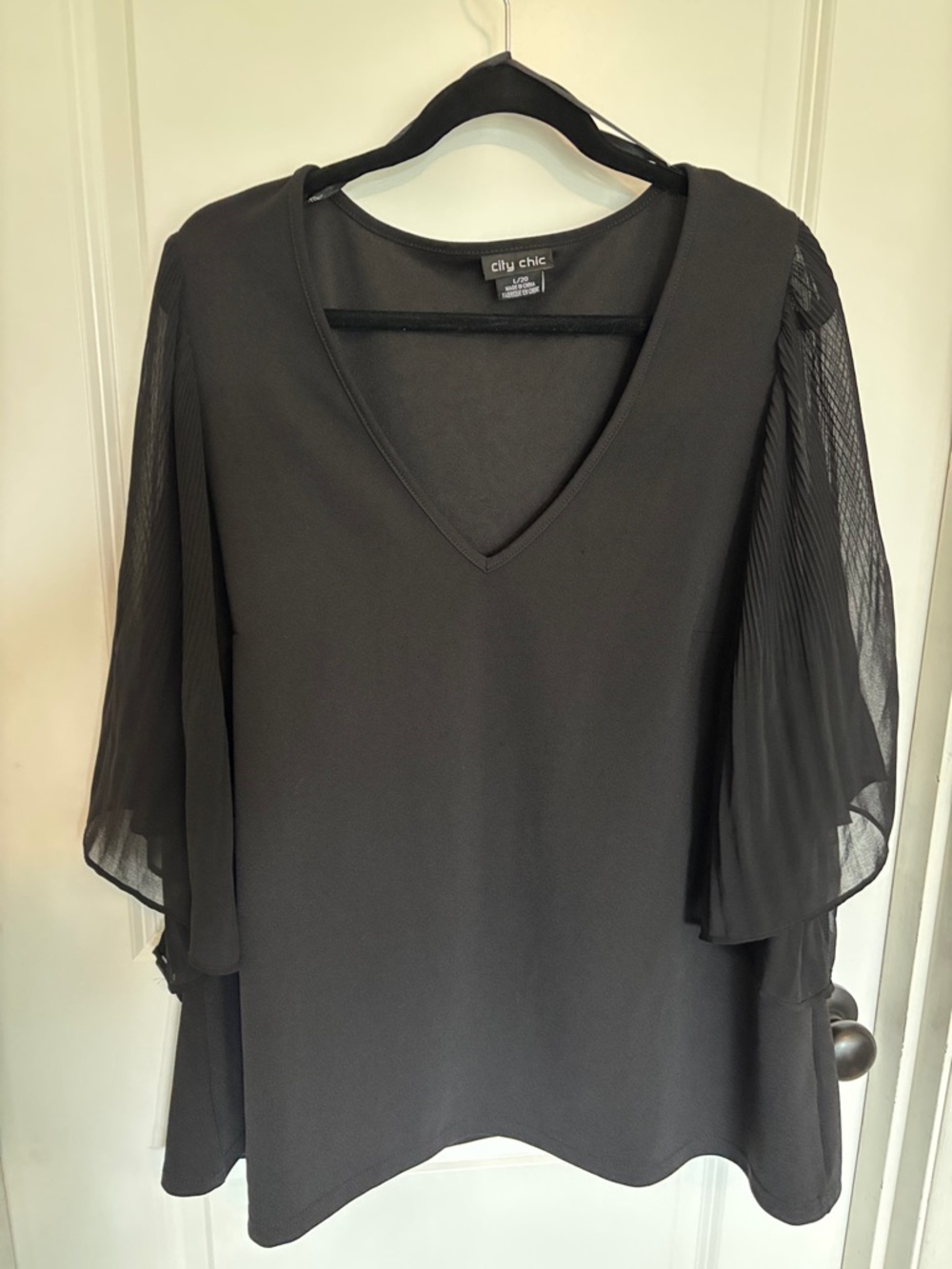 City Chic Black V-Neck Top with Pleated Chiffon Sleeves